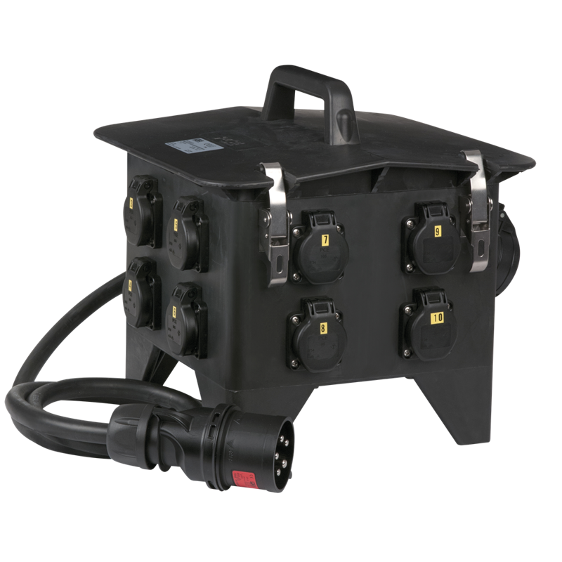 Pce Strømsplitter Cee 32   Ind 8x Schuko   2x Cee 16   5p Out